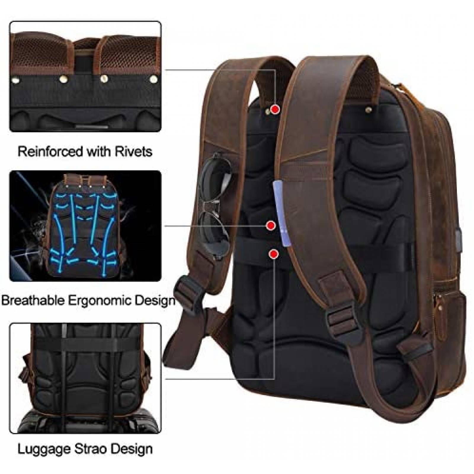 Mochila MasaKawa Crazy Horse 15,6" Cuero Puerto carga USB
