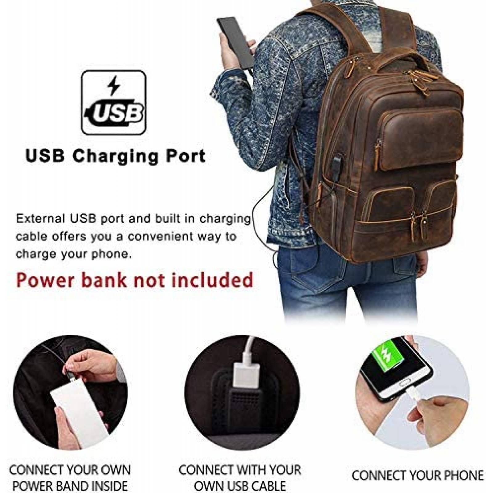 Mochila MasaKawa Crazy Horse 15,6" Cuero Puerto carga USB