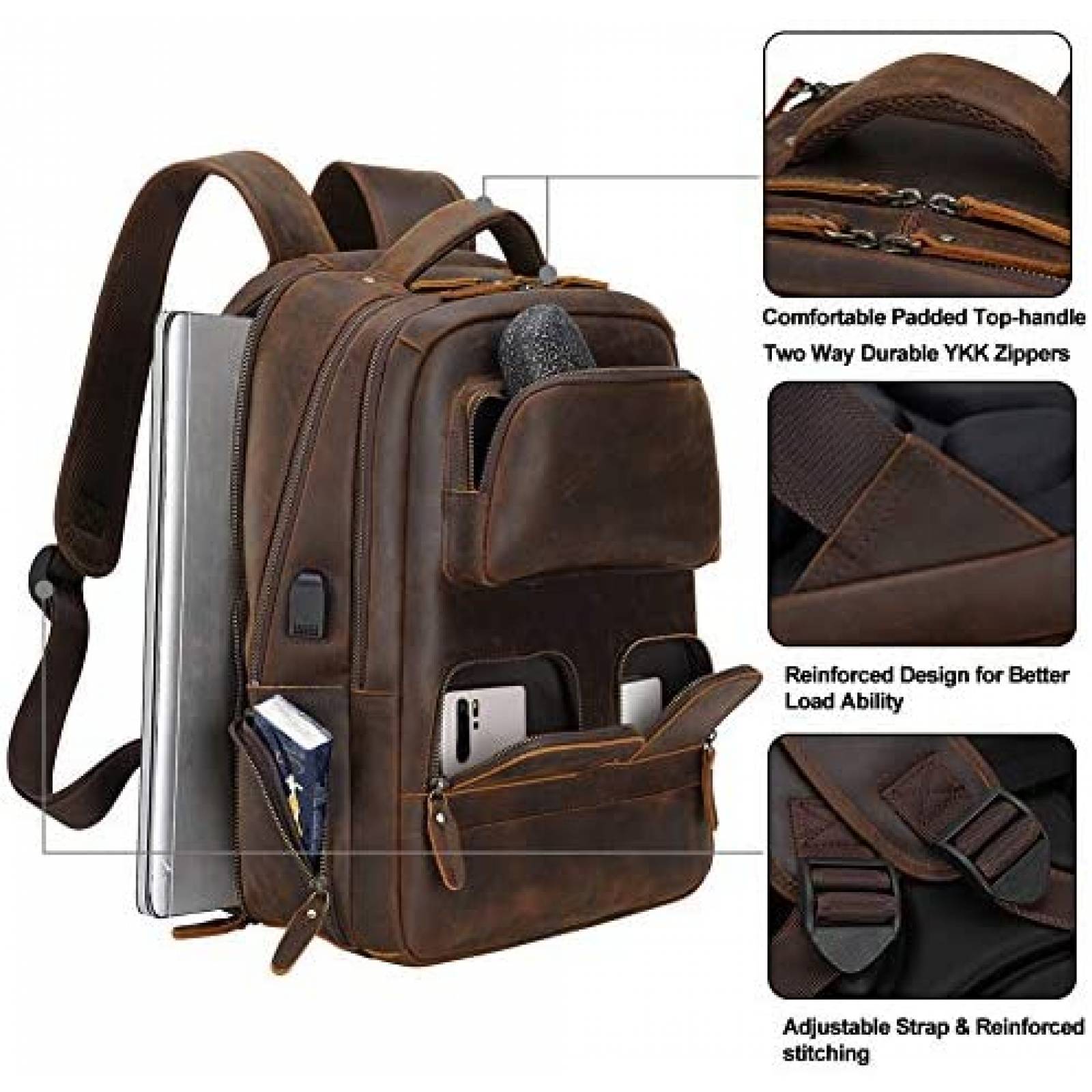 Mochila MasaKawa Crazy Horse 15,6" Cuero Puerto carga USB