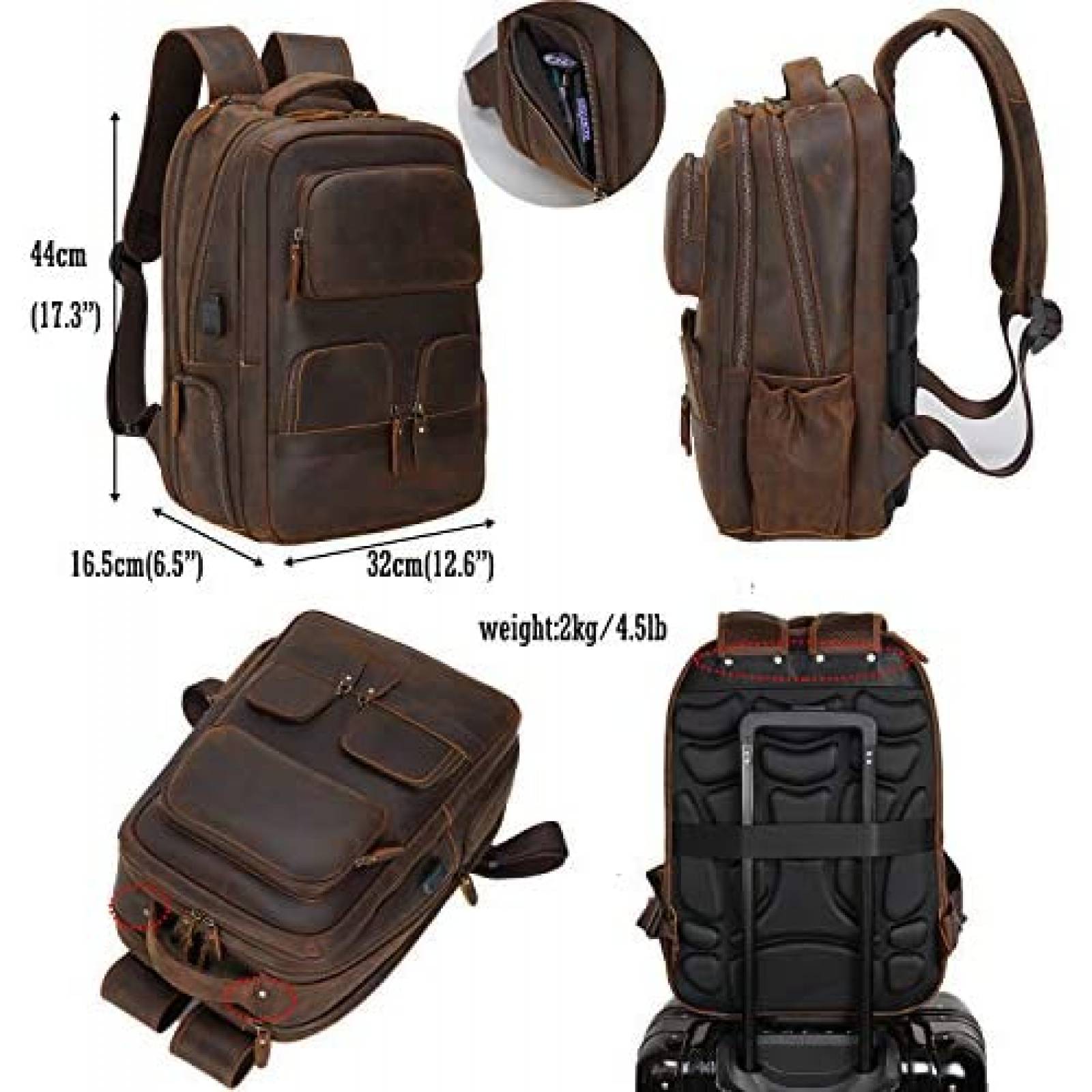 Mochila MasaKawa Crazy Horse 15,6" Cuero Puerto carga USB