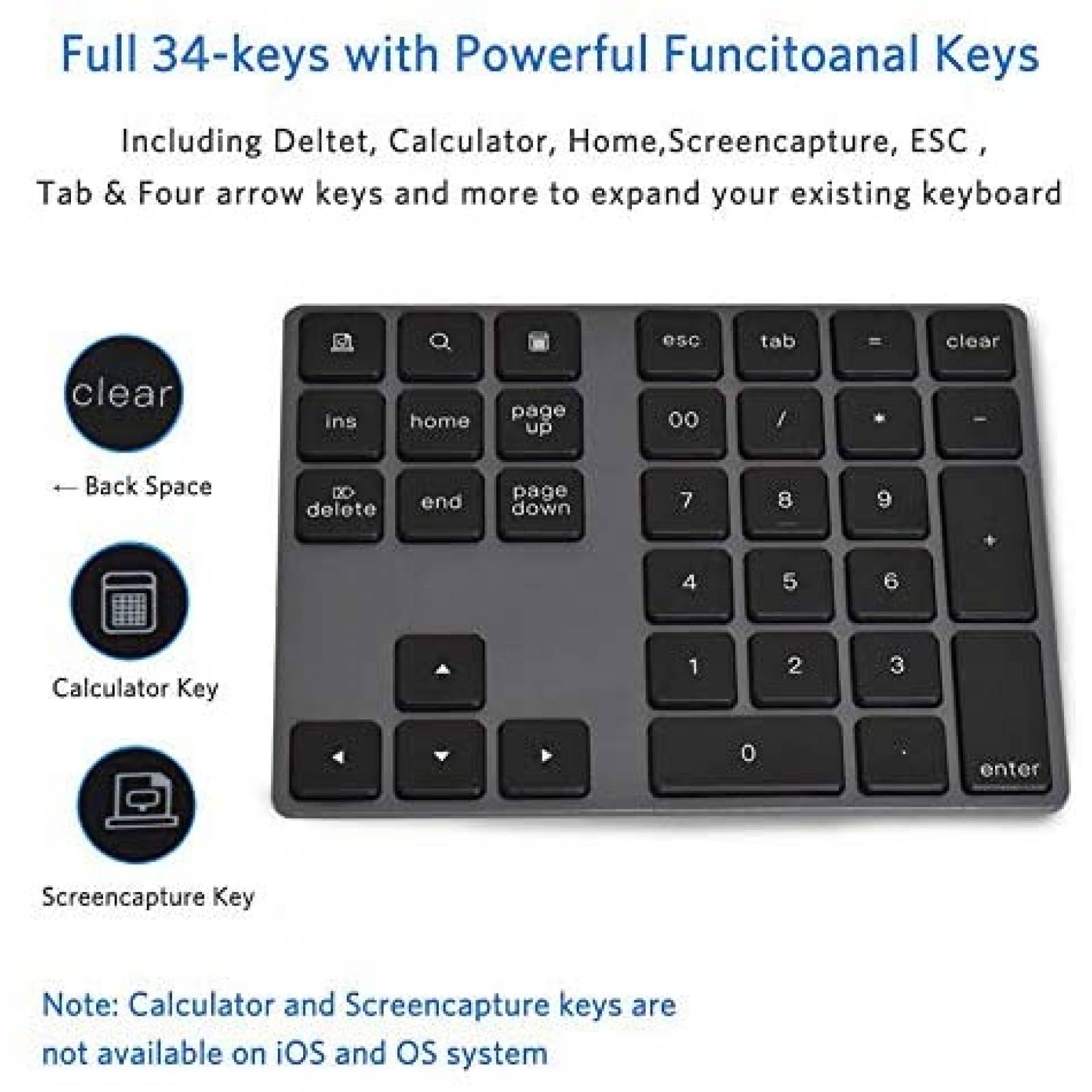 Teclado Numerico IKOS 34 Teclas Bluetooth para Windows iMac