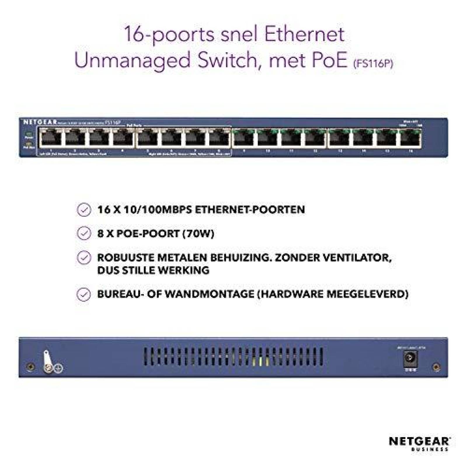 Switch NETGEAR FS116PNA 16 puertos 8 x PoE 53W -Azul