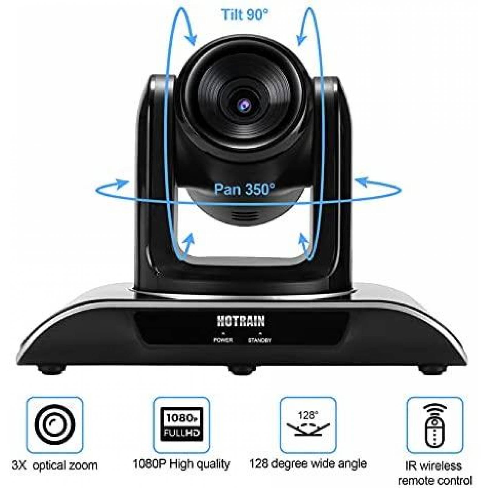 Camara Web Hotrain 3X FHD 1080P USB 2.0 PTZ A Control Remoto