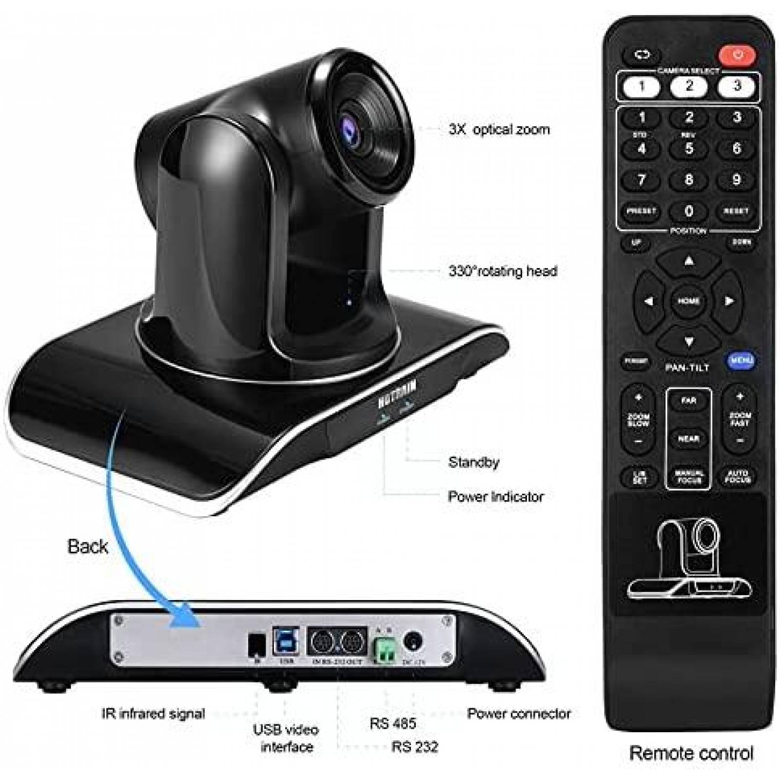 Camara Web Hotrain 3X FHD 1080P USB 2.0 PTZ A Control Remoto