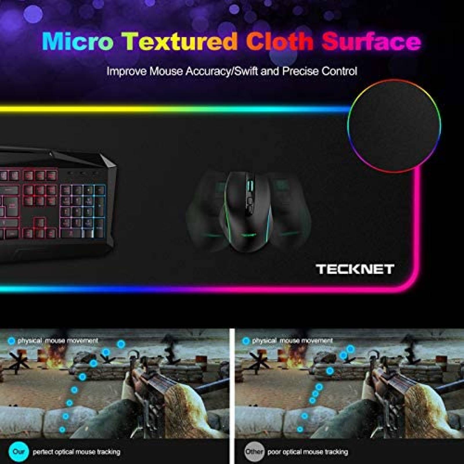 Alfombrilla De Mouse TECKNET Gamer RGB 12 Modos 31.5x15.7''