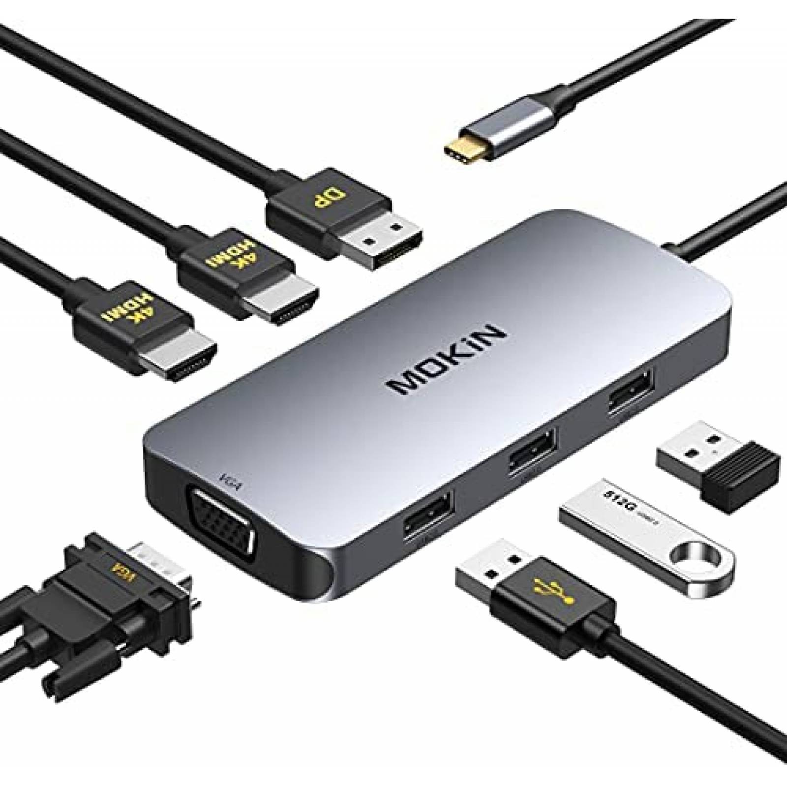 Hub USB-C a HDMI Dual Mokin 7 en 1 HDMI/VGA/USB -Plata