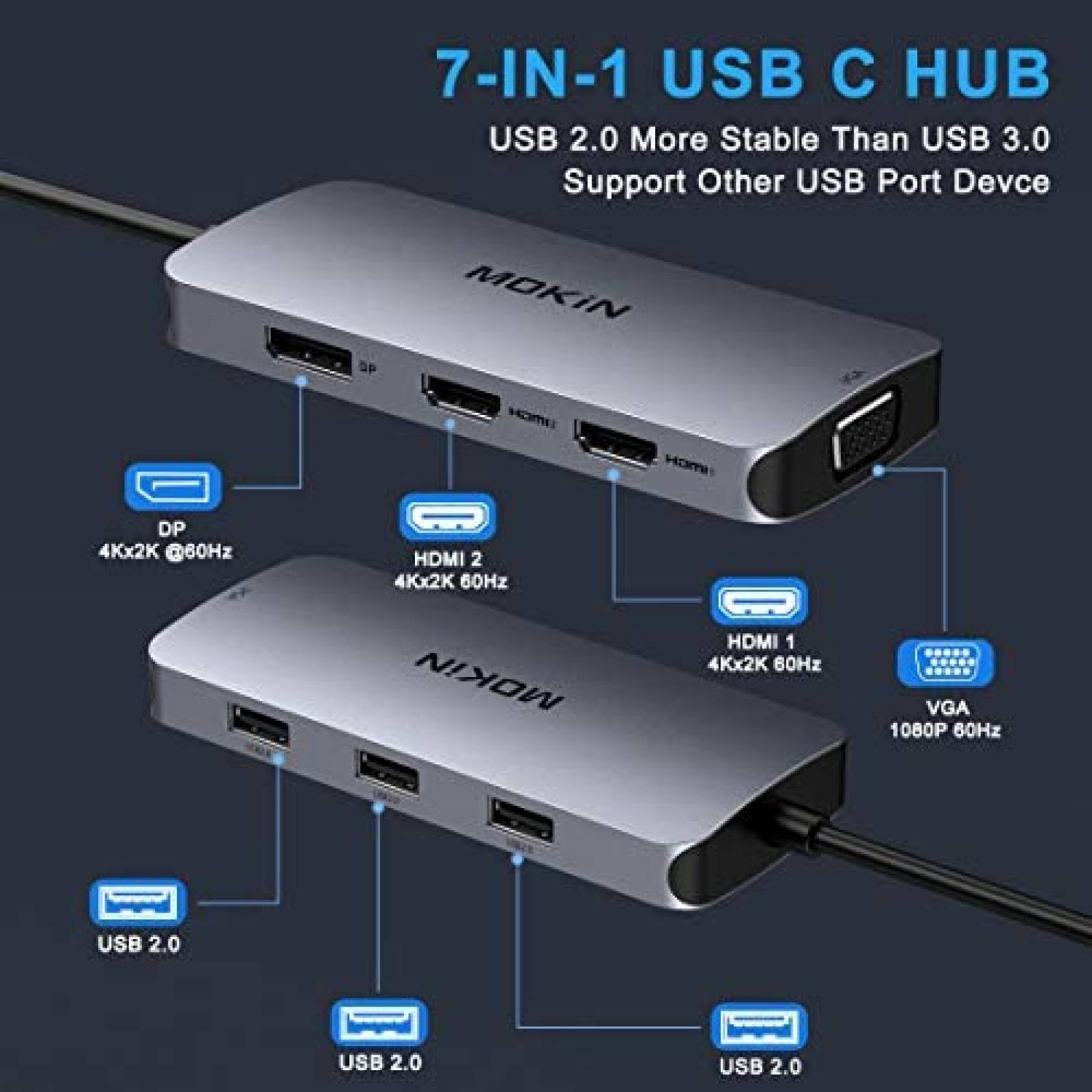Hub USB-C a HDMI Dual Mokin 7 en 1 HDMI/VGA/USB -Plata
