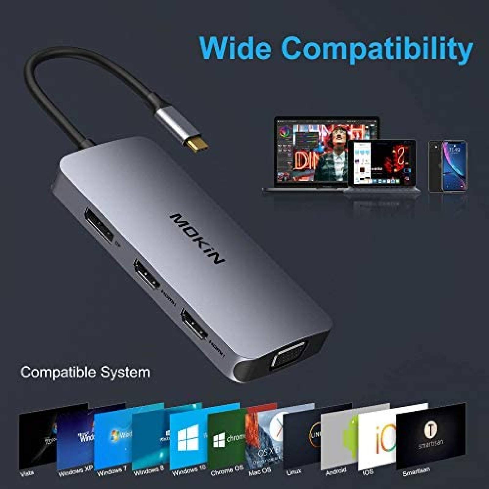 Hub USB-C a HDMI Dual Mokin 7 en 1 HDMI/VGA/USB -Plata