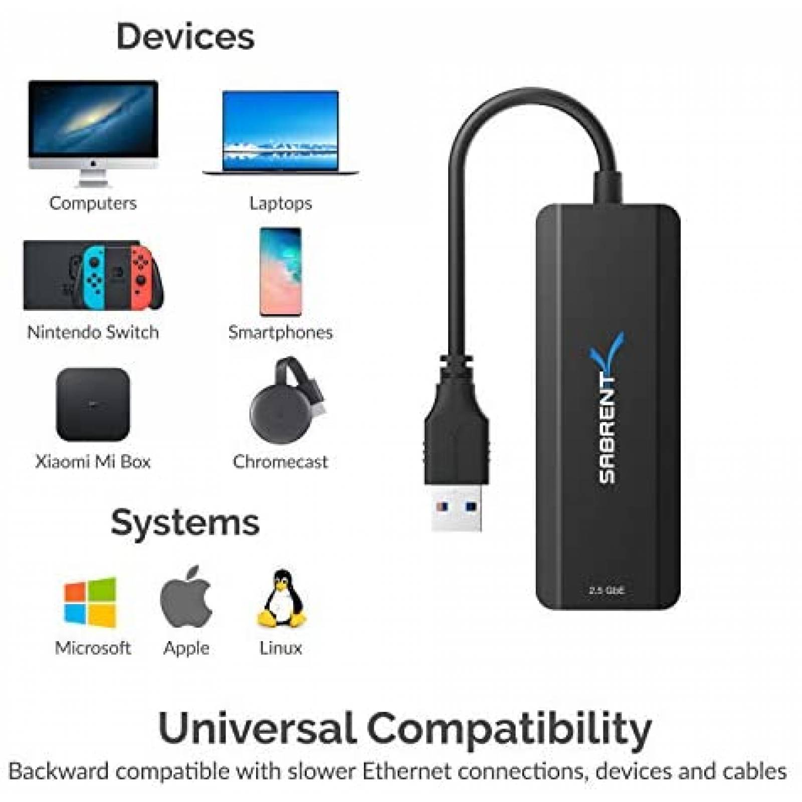 Adaptador Sabrent USB tipo A o C a estandar RJ45 -Negro