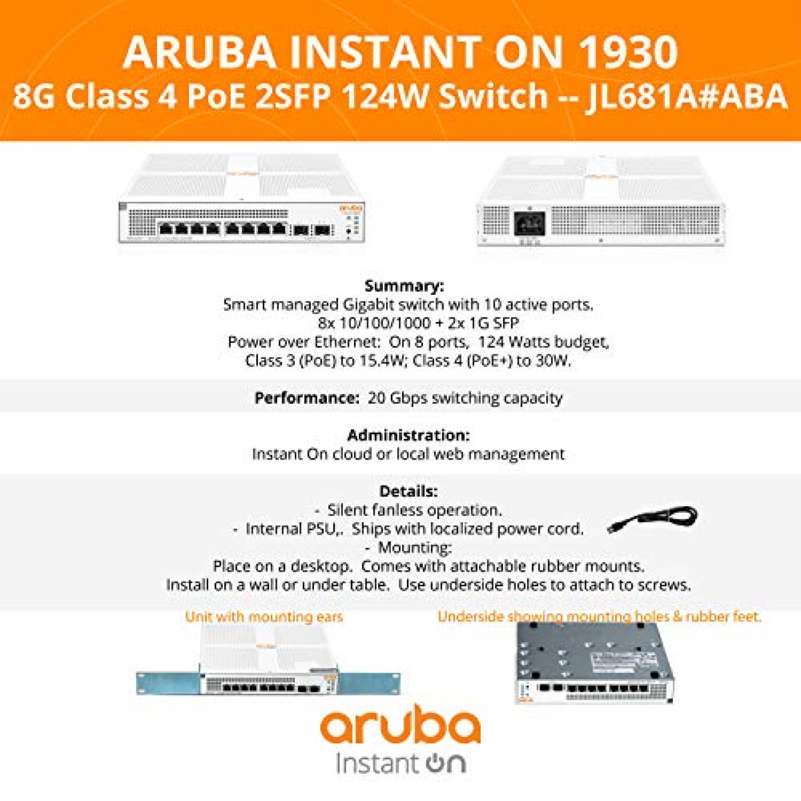 Conmutador Aruba JL681AABA 8G 2SFP PoE 124W -Blanco