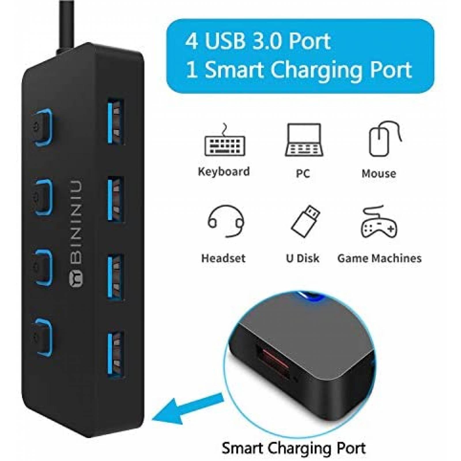 Hub USB 3.0 BININIU de 4 Puertos de 5 Gbps para Mac -Negro