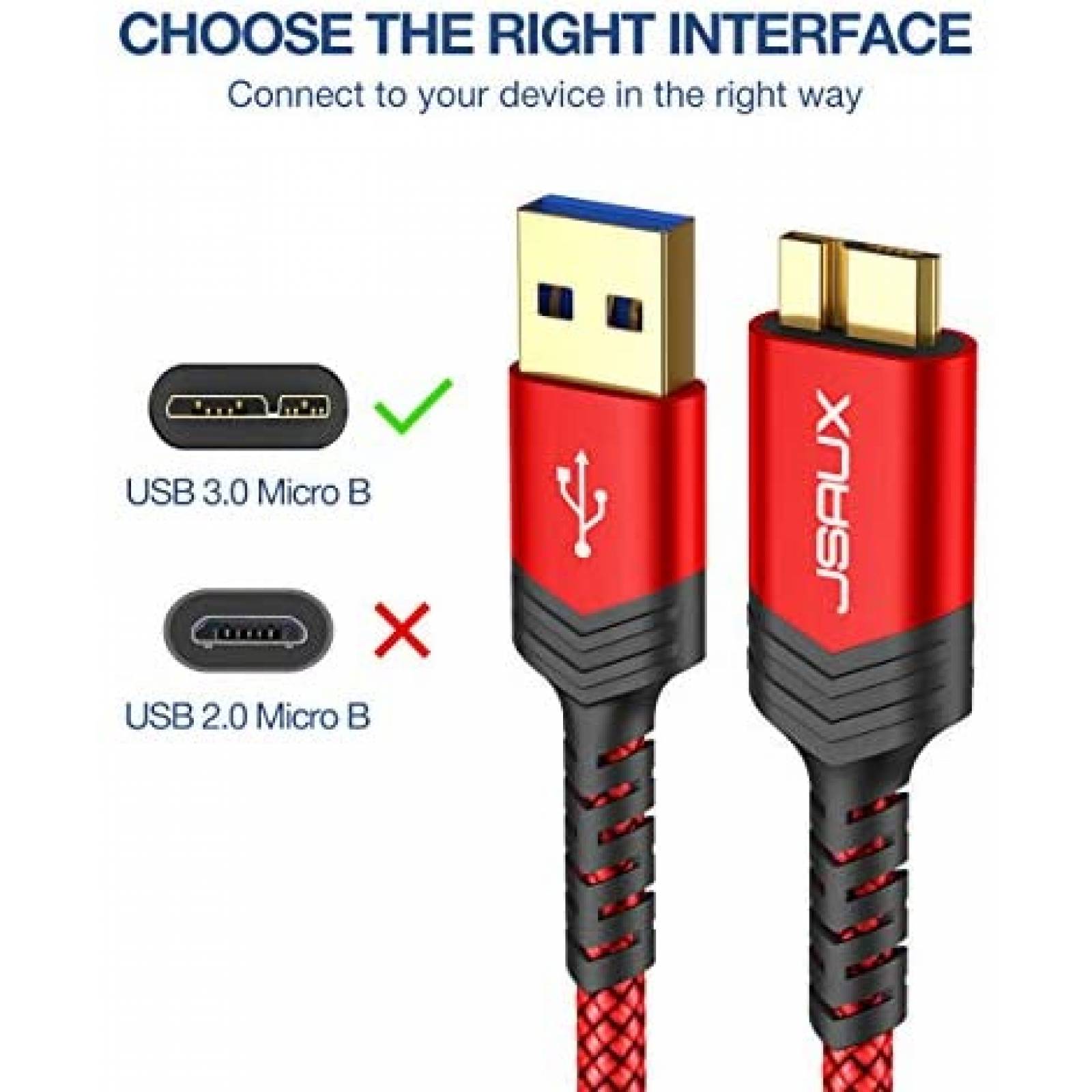 Cable de disco duro externo JSAUX USB 3.0 Paquete de 2 -Rojo