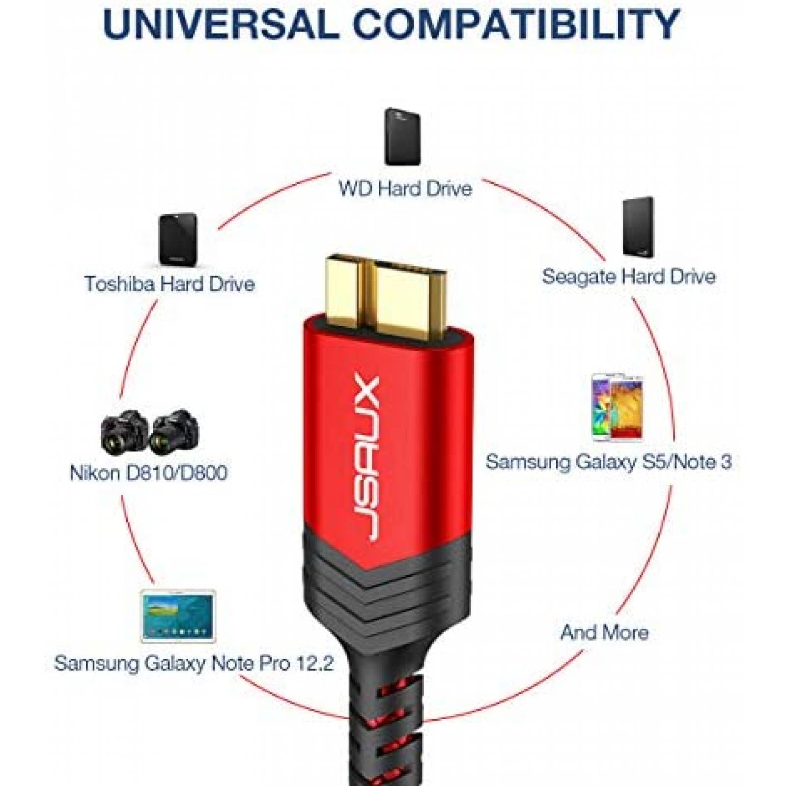 Cable de disco duro externo JSAUX USB 3.0 Paquete de 2 -Rojo