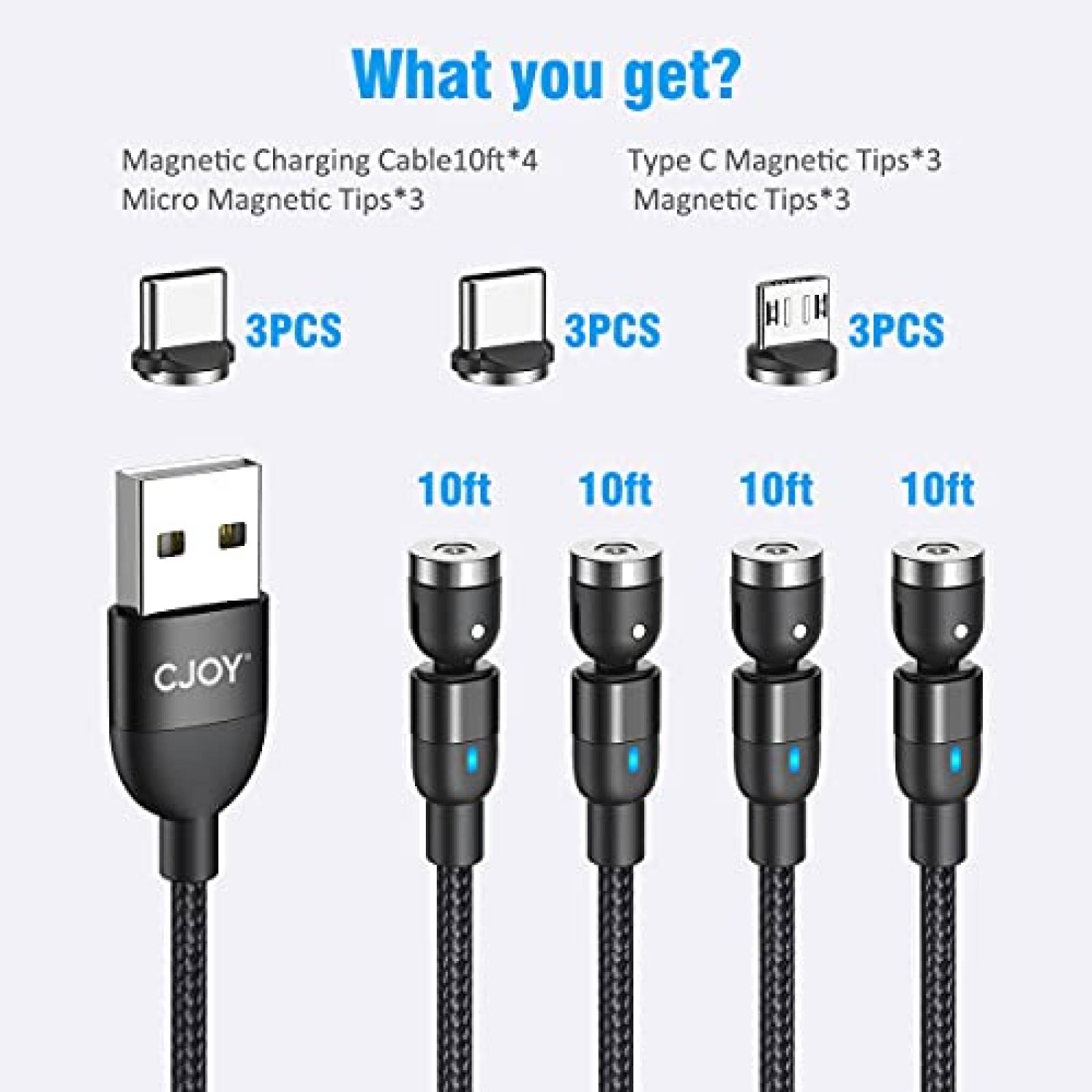 Cable de carga magnetico CJOY paquete de 4 10 pies -Negro