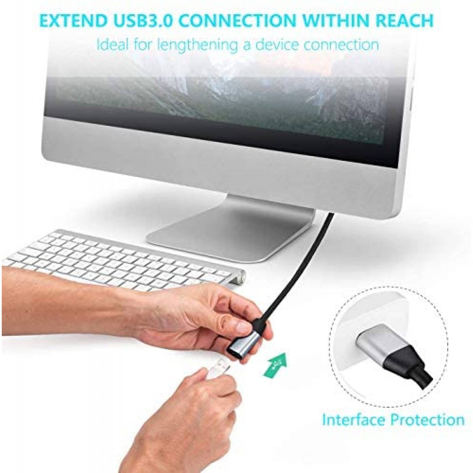 Cable USB SAISN USB 3.0 Macho a Hembra 20 Pies -Negro/Gris