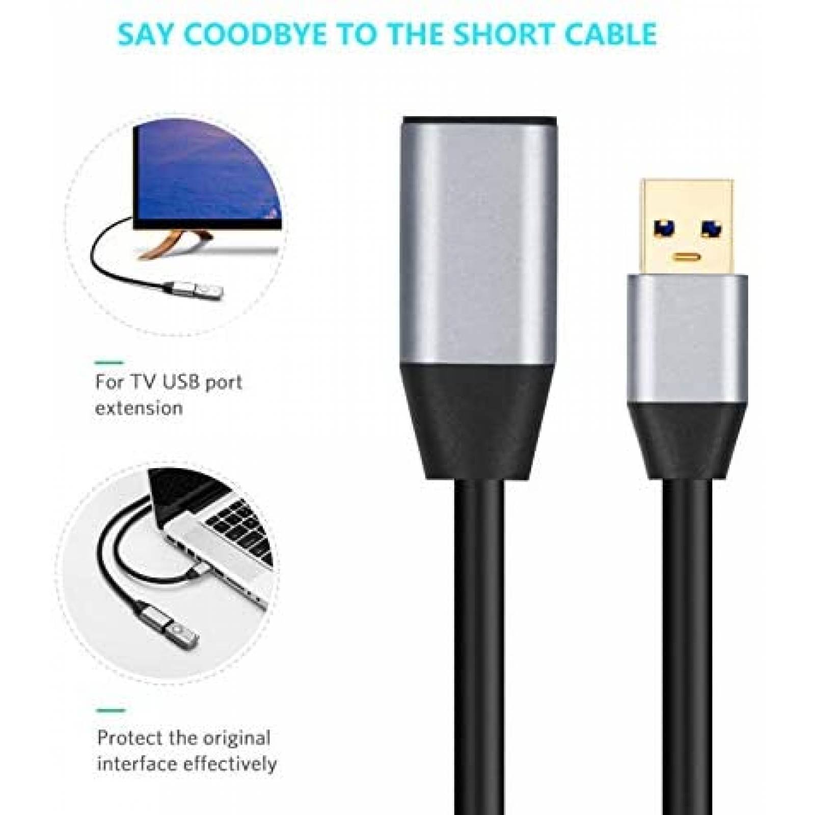 Cable USB SAISN USB 3.0 Macho a Hembra 20 Pies -Negro/Gris
