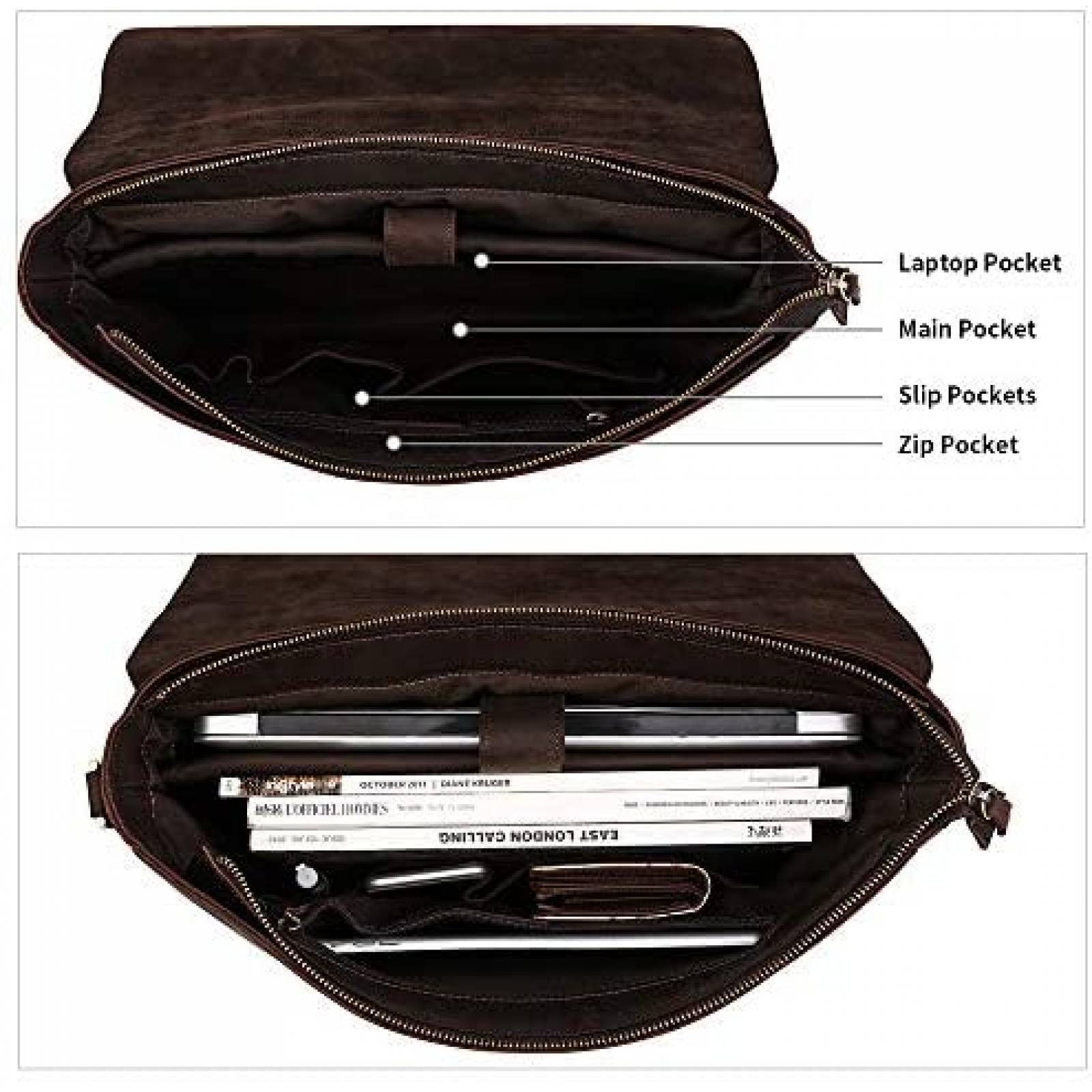 Maletin Katte 15.6'' Ajustable Resistente de Cuero -Cafe