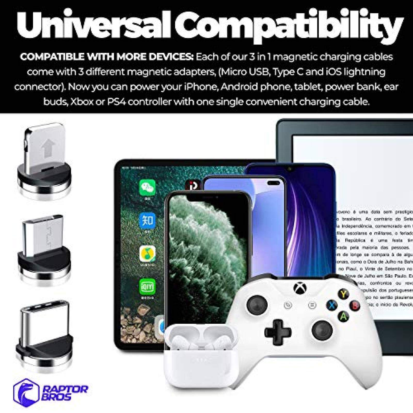 Cable cargador Raptor Bros Magnetico USB compatible -Negro