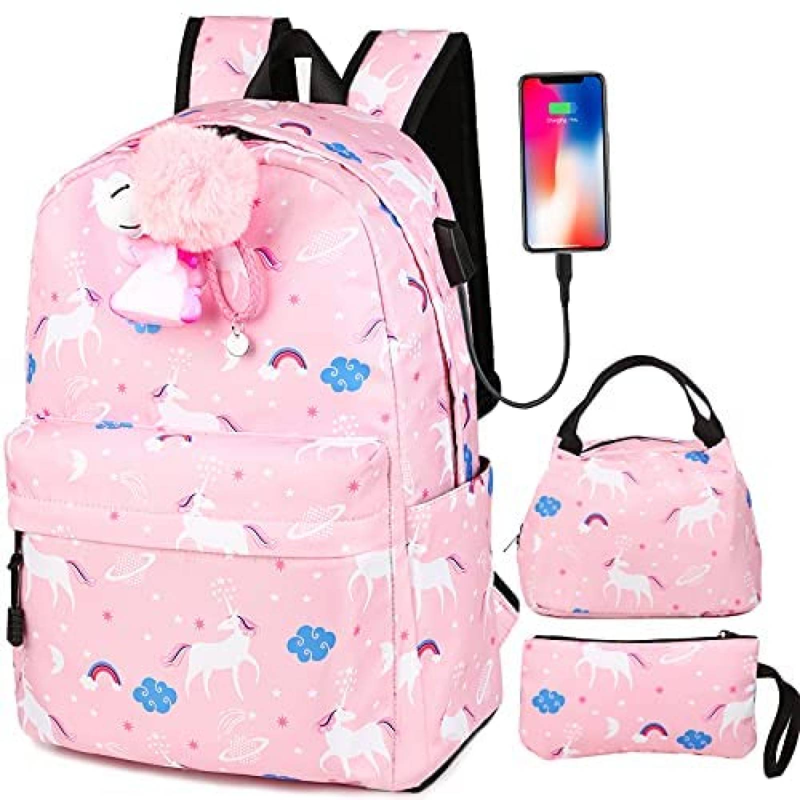 Mochila Generico Con puerto de carga+Lonchera+lapicera -Rosa