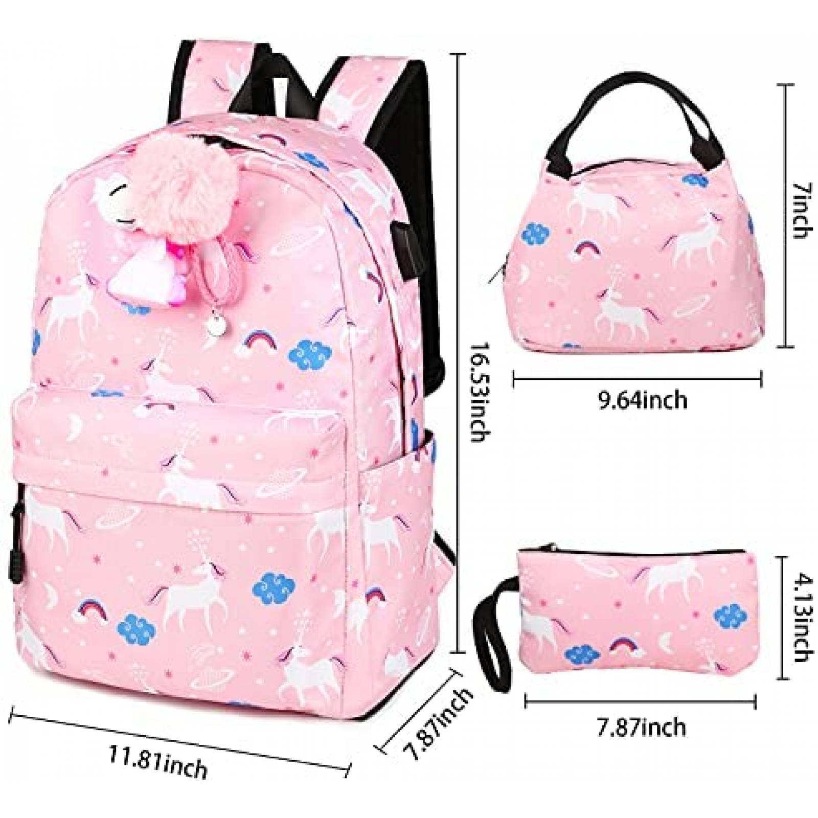 Mochila Generico Con puerto de carga+Lonchera+lapicera -Rosa