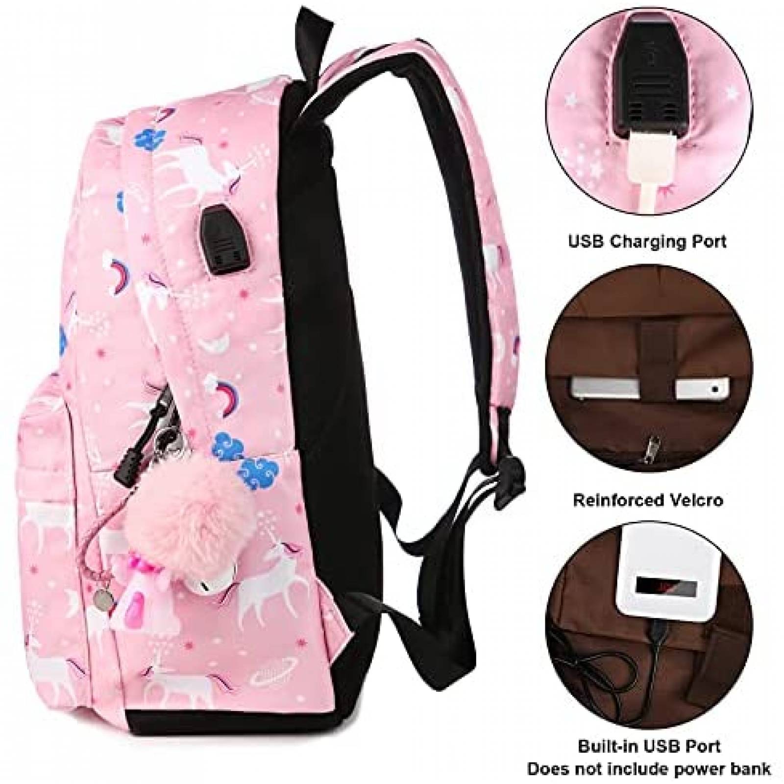 Mochila Generico Con puerto de carga+Lonchera+lapicera -Rosa