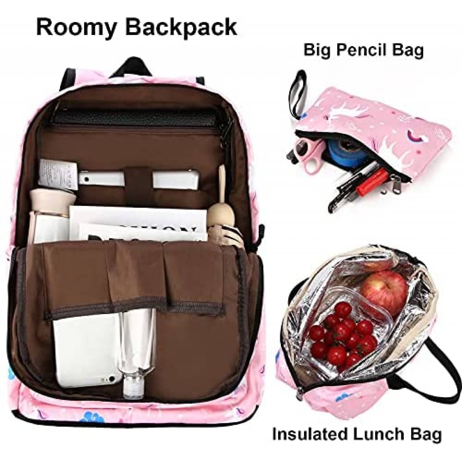 Mochila Generico Con puerto de carga+Lonchera+lapicera -Rosa