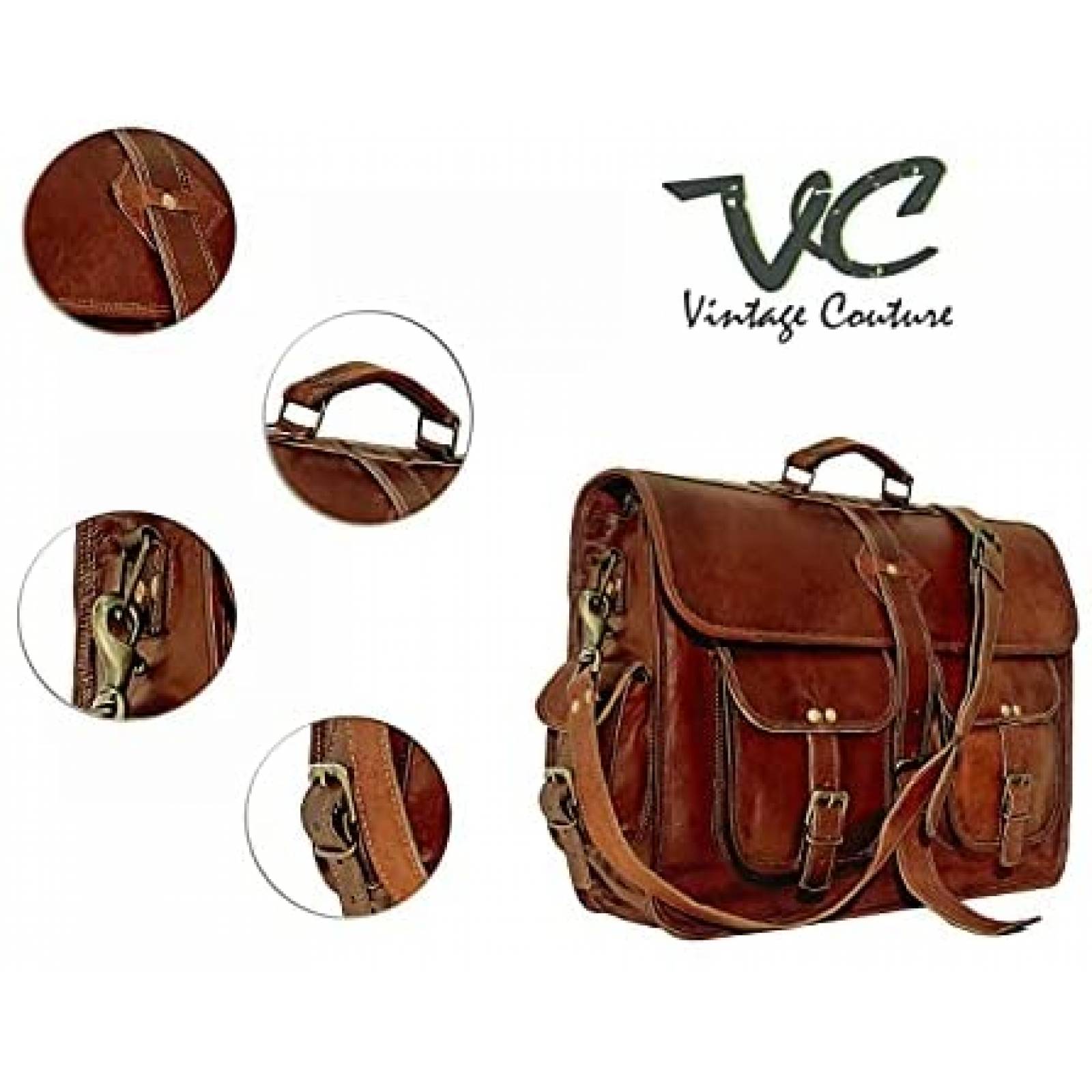 Maletin Vintage VC Unisex de 13''x5''x18'' de Piel -Cafe