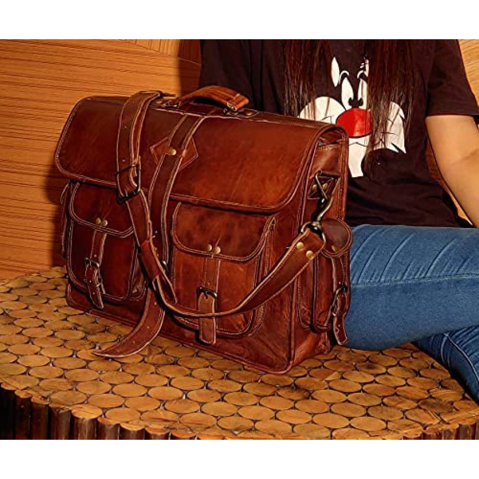 Maletin Vintage VC Unisex de 13''x5''x18'' de Piel -Cafe