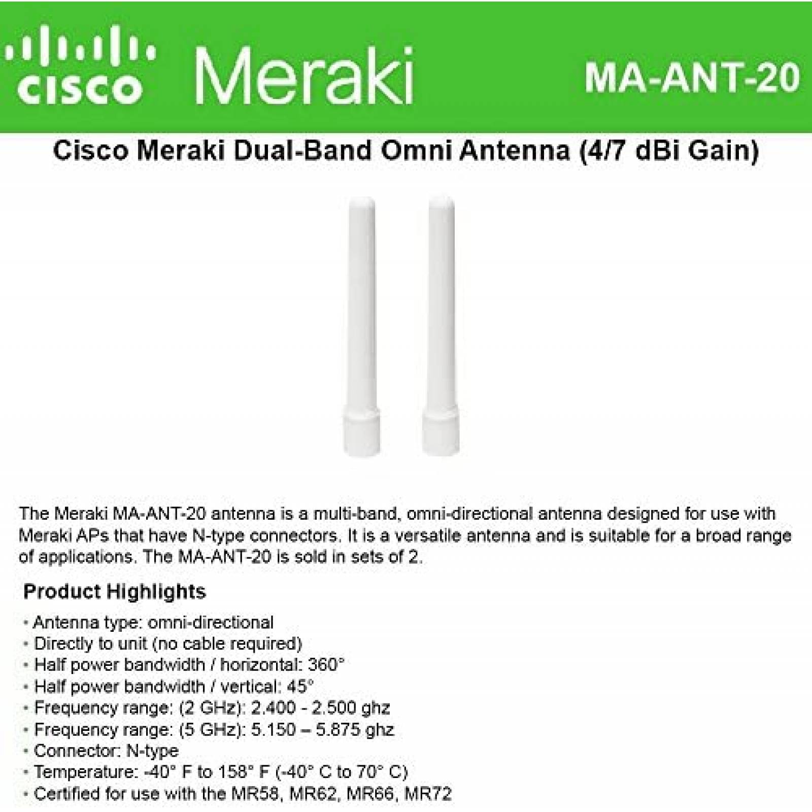 Antena CISCO Meraki MA-ANT-20 omnidiraccional -Blanco