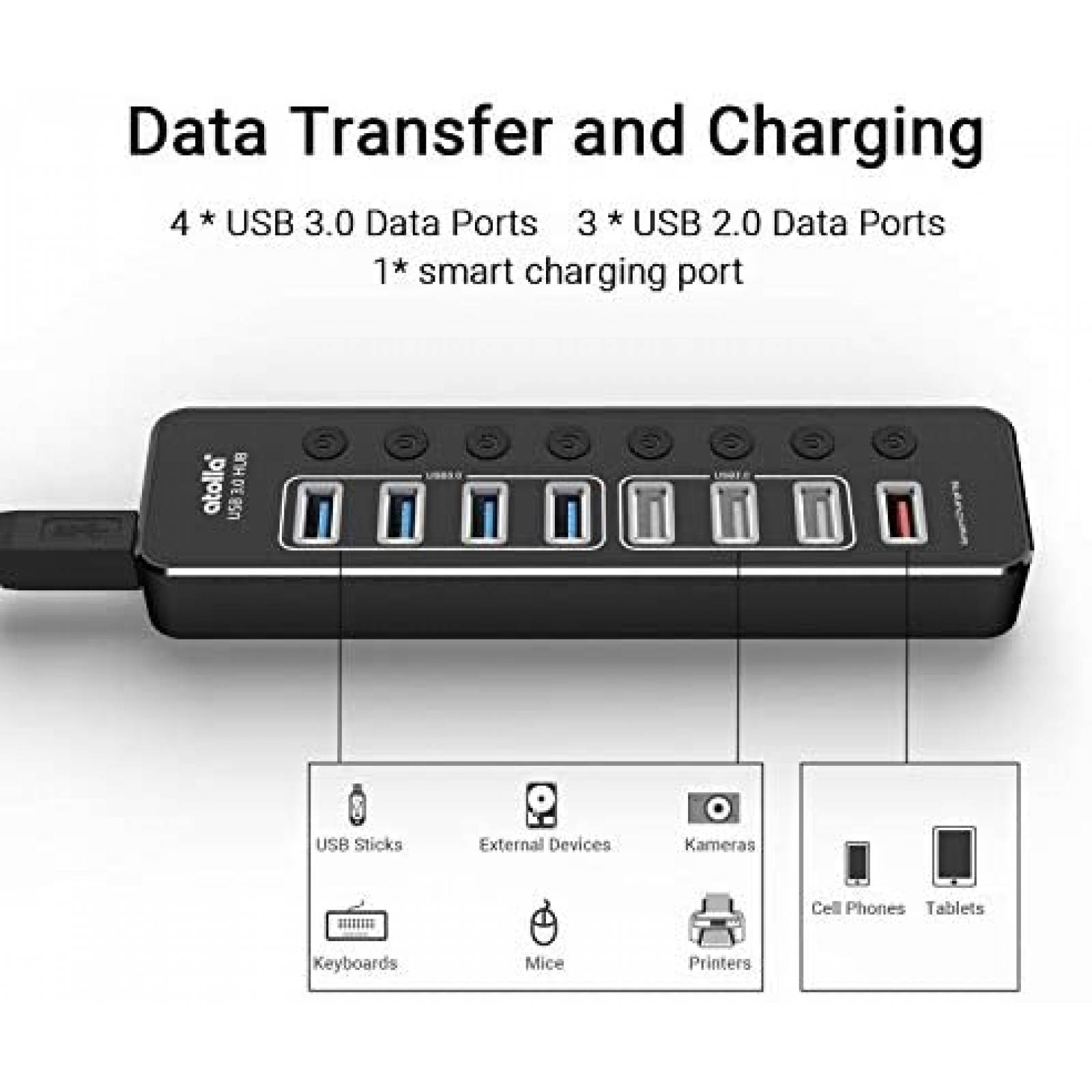Hub USB 3.0 Atolla de 8 Puertos USB 12V/5 Gbps -Negro