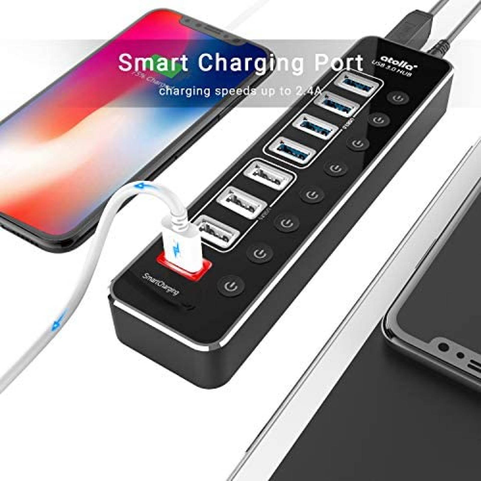 Hub USB 3.0 Atolla de 8 Puertos USB 12V/5 Gbps -Negro