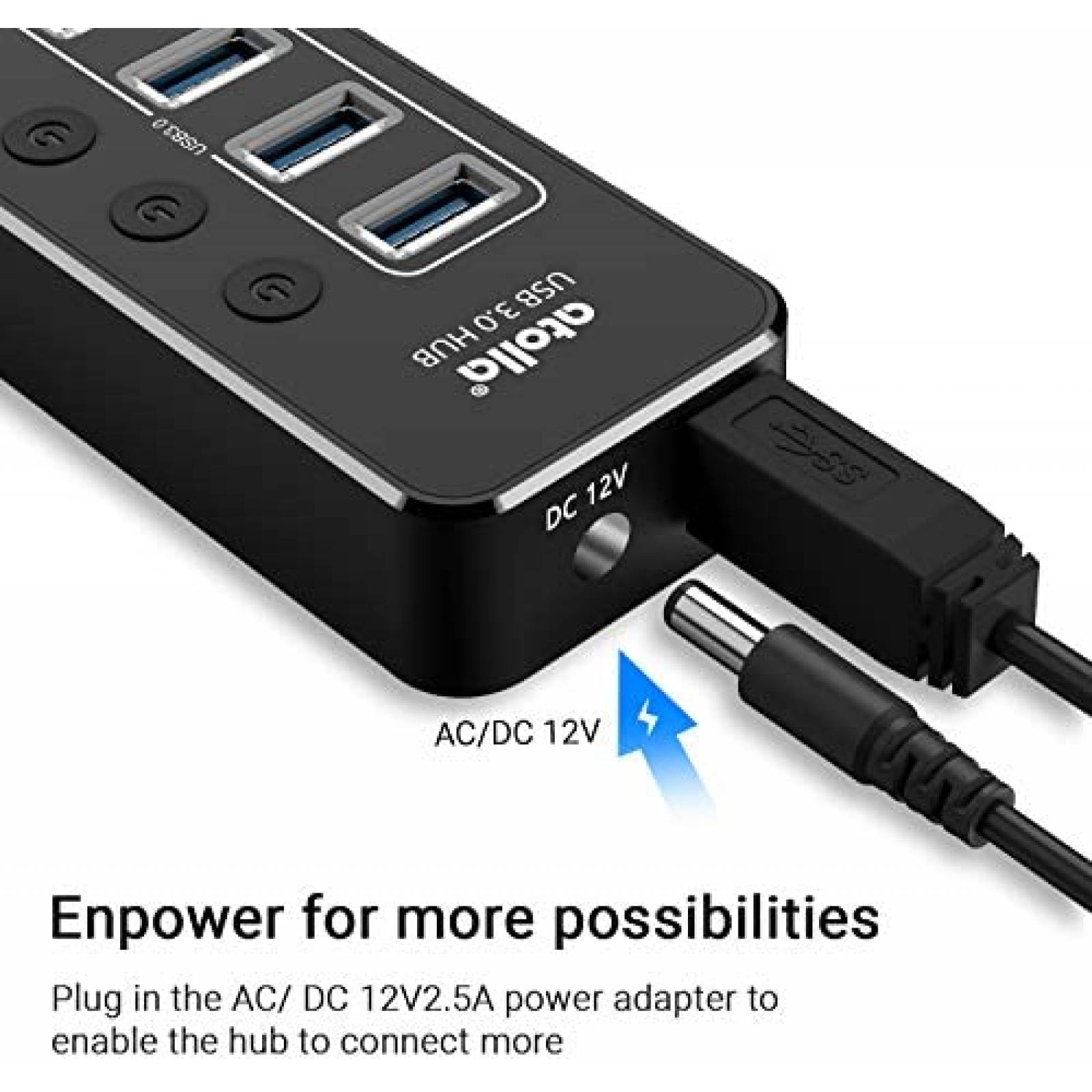 Hub USB 3.0 Atolla de 8 Puertos USB 12V/5 Gbps -Negro