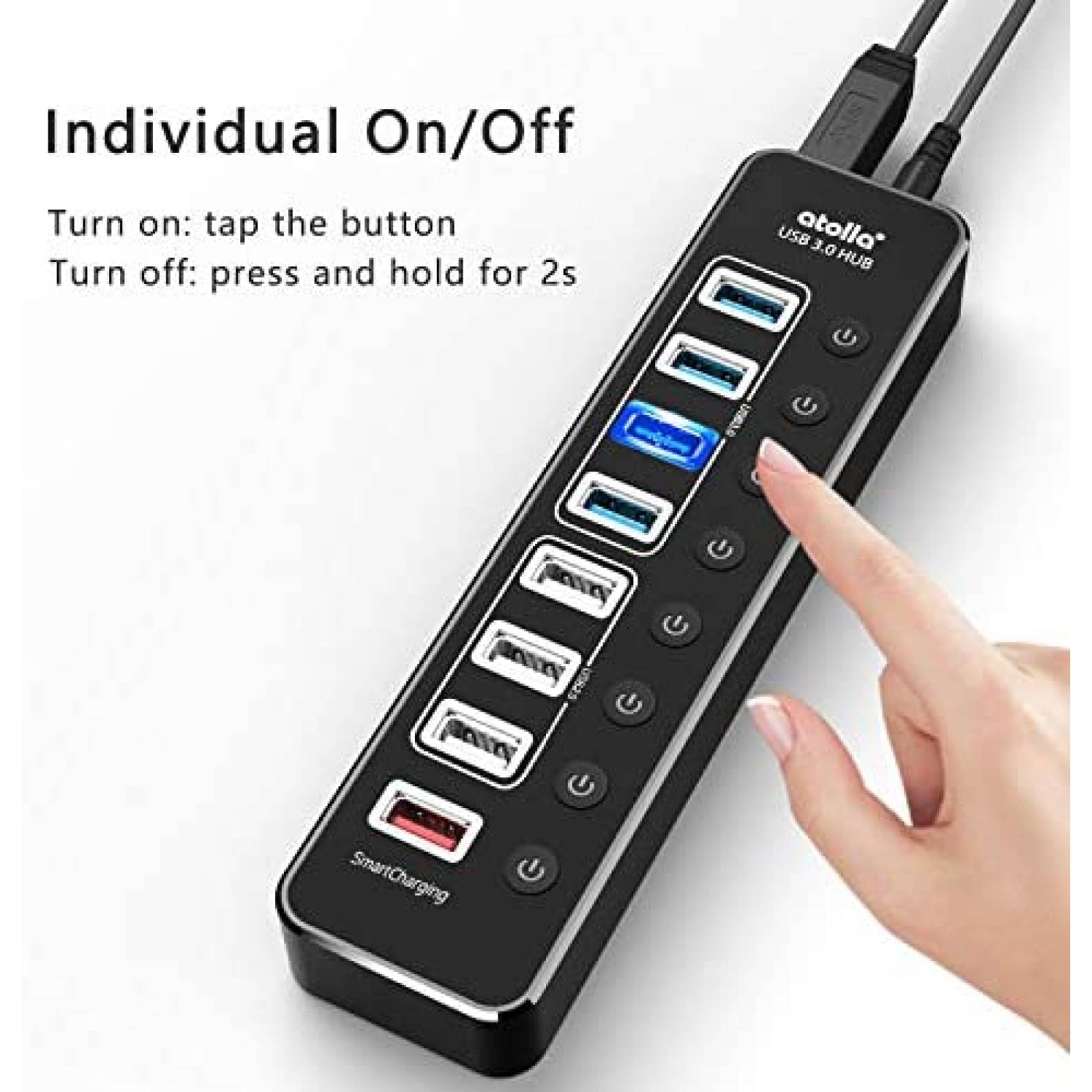 Hub USB 3.0 Atolla de 8 Puertos USB 12V/5 Gbps -Negro