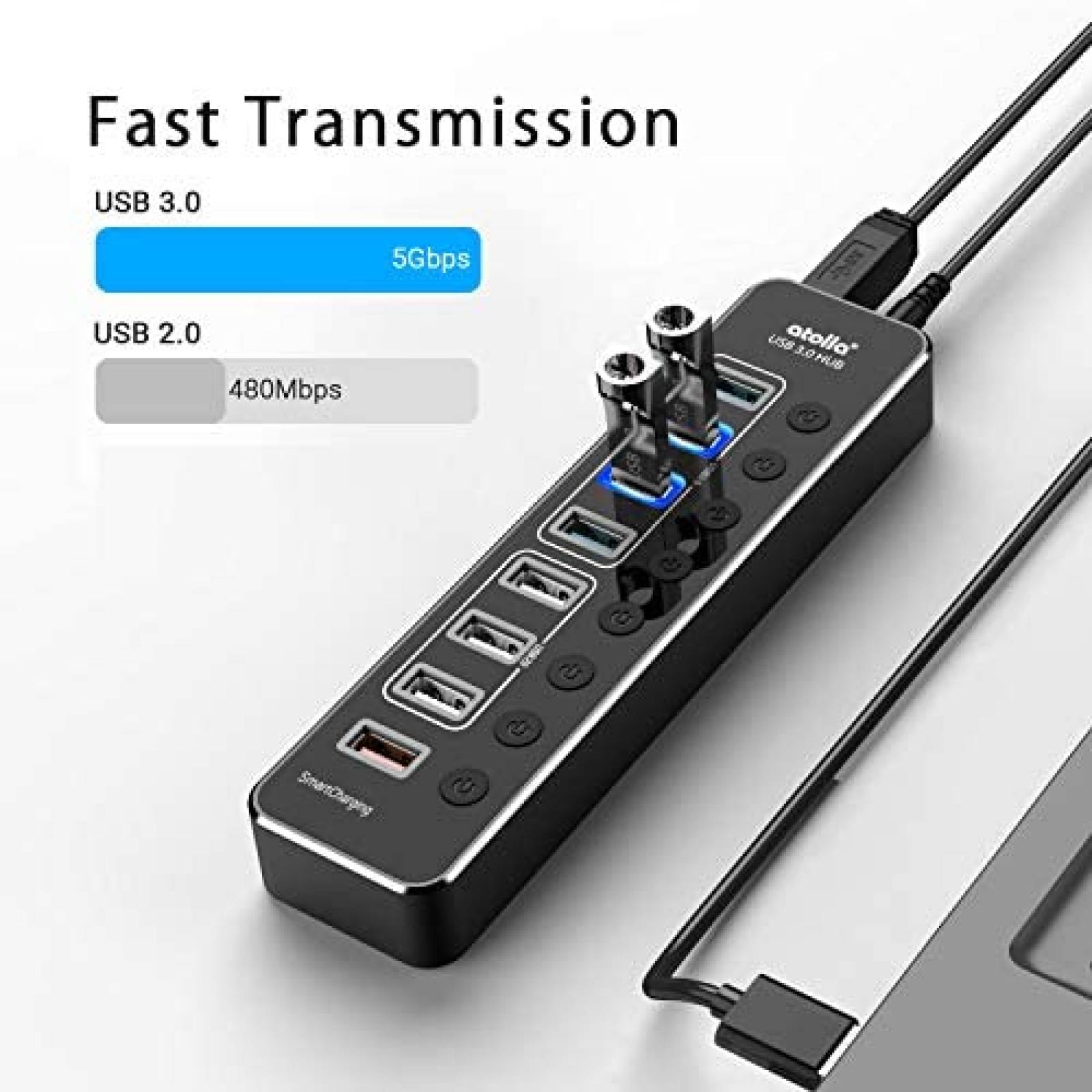 Hub USB 3.0 Atolla de 8 Puertos USB 12V/5 Gbps -Negro
