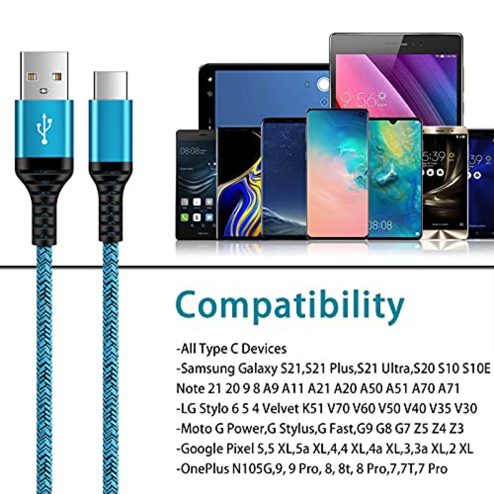Cargador ABCPOW 5pzs 6 Pies USB C Para Samsung -Arcoiris