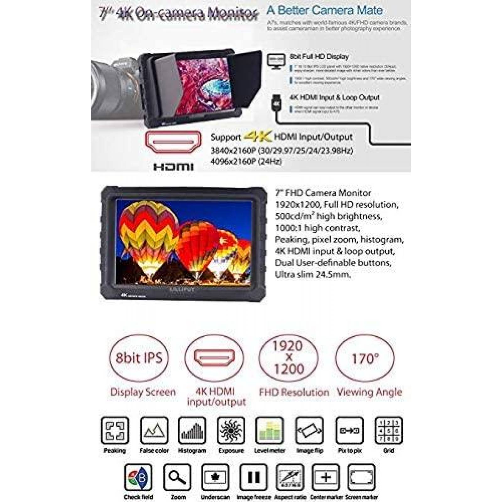 Monitor Lilliput A7S 7'' 4K HDMI 8 bits 16:10 IPS de Campo