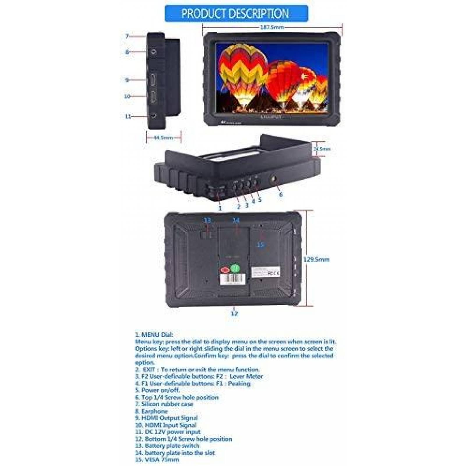 Monitor Lilliput A7S 7'' 4K HDMI 8 bits 16:10 IPS de Campo