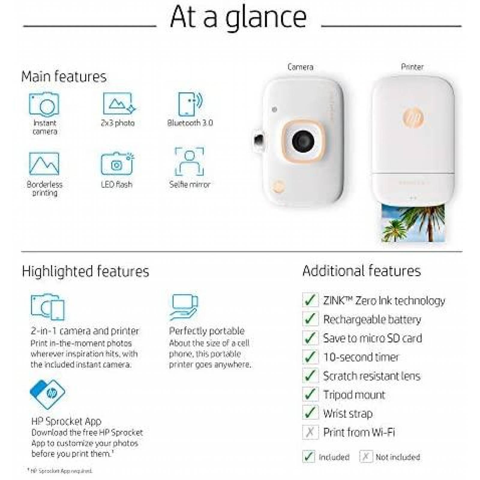 Camara HP Sprocket 5MS95A 2 en 1 8GB microSD -Blanco