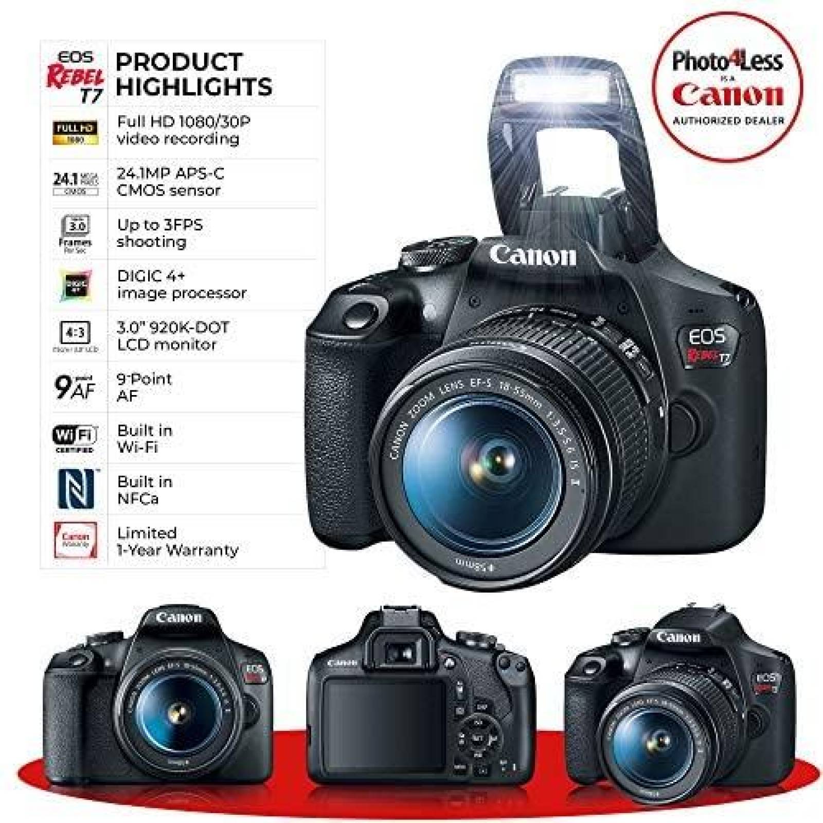 Camara DSLR Photo4Less Canon EOS Rebel T7 + accesorios-negro