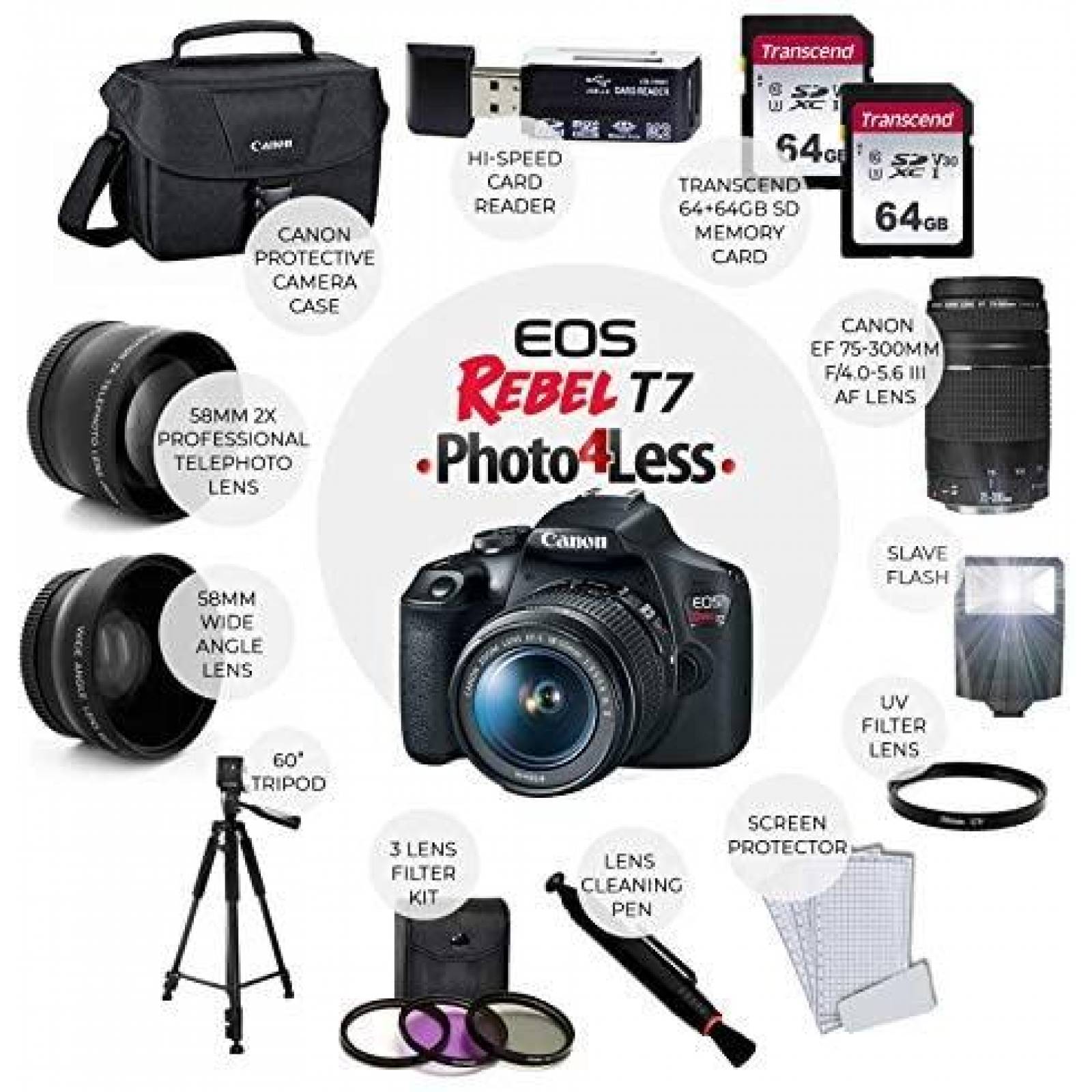 Camara DSLR Photo4Less Canon EOS Rebel T7 + accesorios-negro