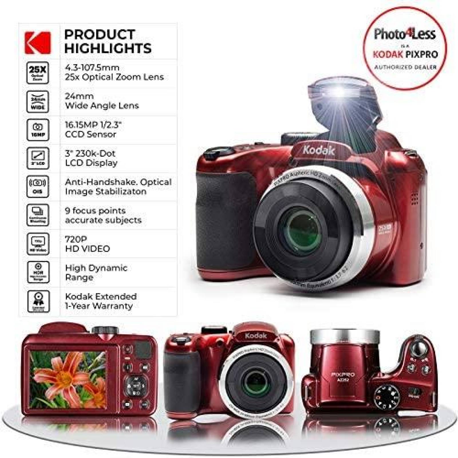 Camara Digital KODAK Pixpro AZ252 32GB c/ Accesorios -Rojo