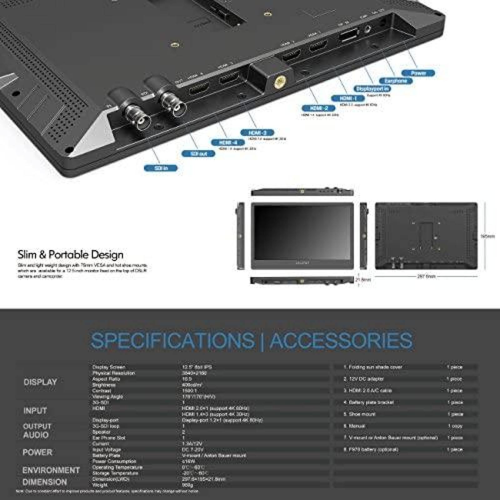 Monitor para Camara DSLR Lilliput A12 12.5 4K HDMI -Negro