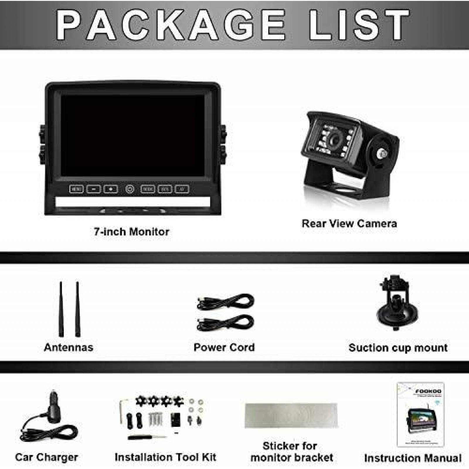 Camara para Vehiculo Fookoo IP69 7'' HD 1080P Digital -Negro
