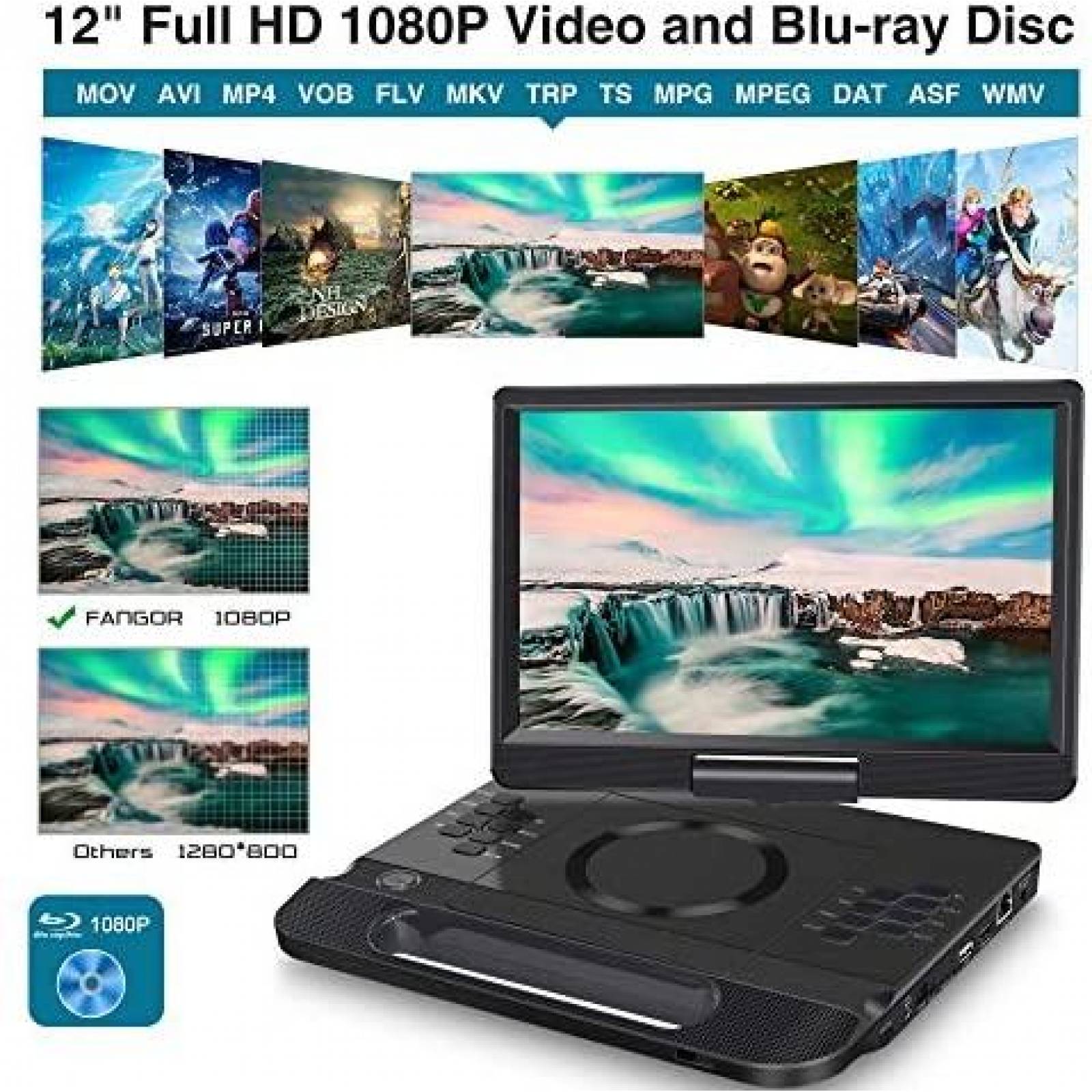 Reproductor de DVD FANGOR Portatil de 13,3'' Blu-ray HD