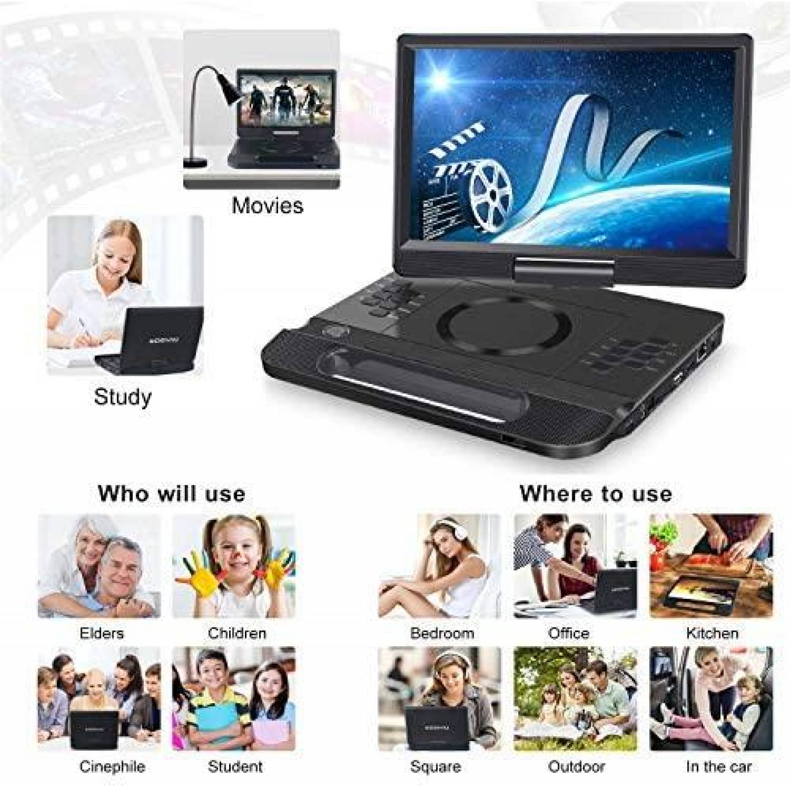Reproductor de DVD FANGOR Portatil de 13,3'' Blu-ray HD