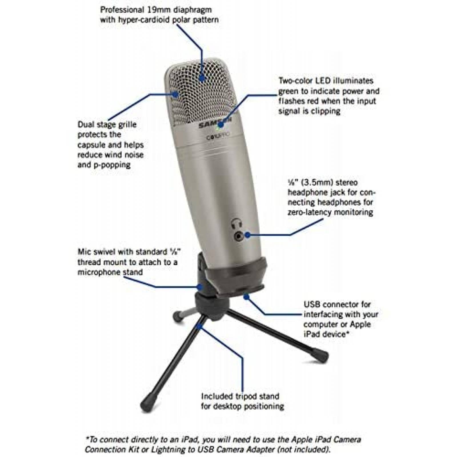 Microfono Condensador Samson C01U Pro c/Accesorios -Plata