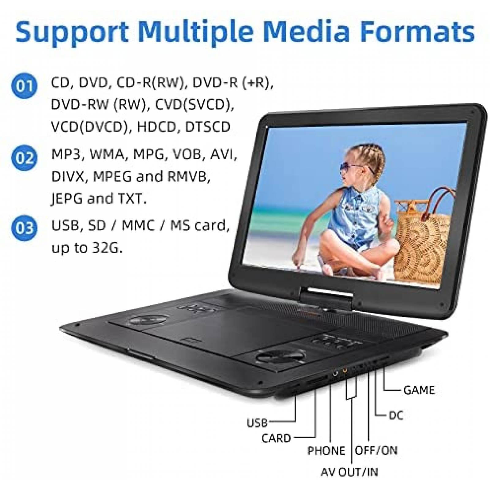 Reproductor de DVD Jekero HD 16.9'' Portatil con Giro de 270