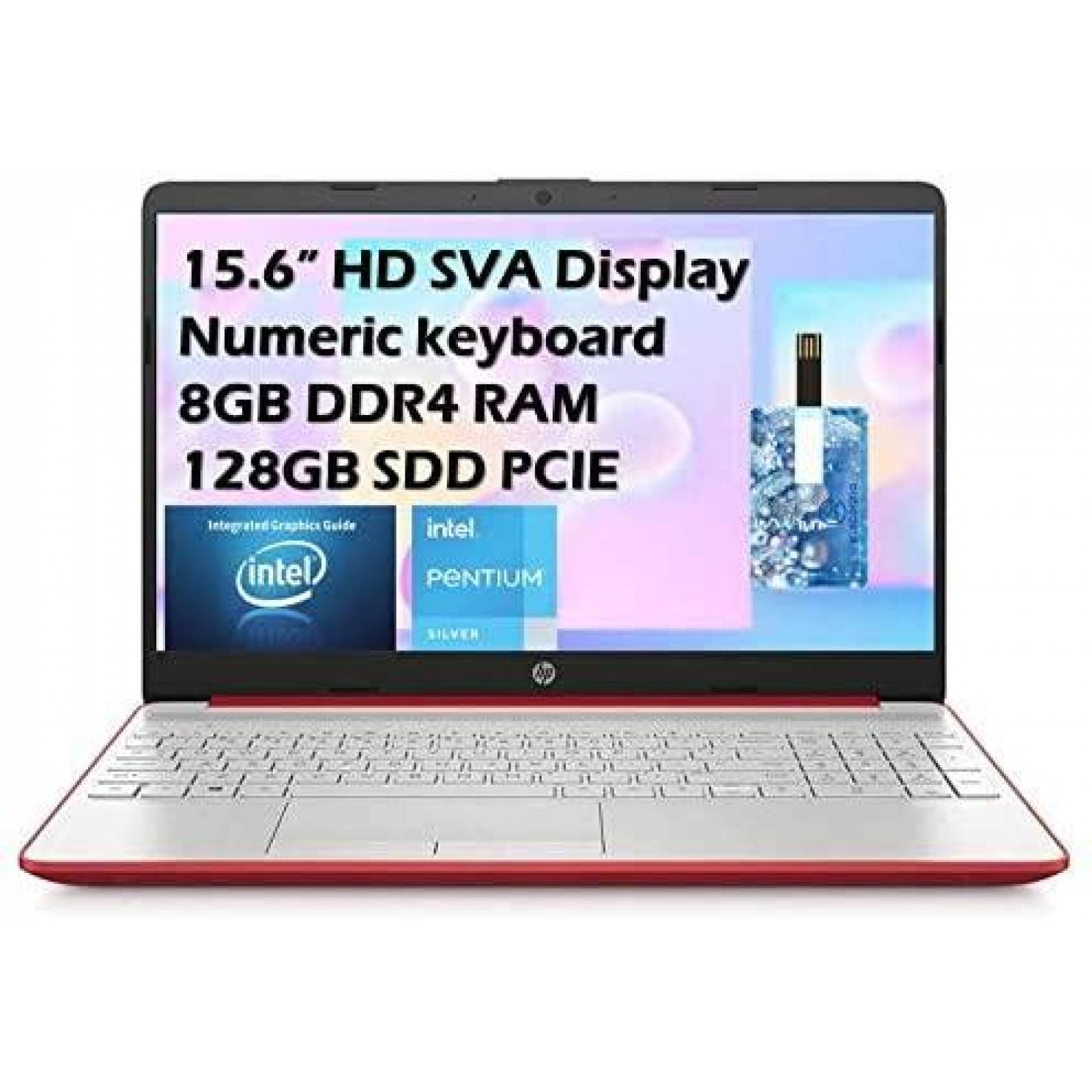 Laptop HP 15.6" Pentium 8GB 128GB Windows 10 -Rojo