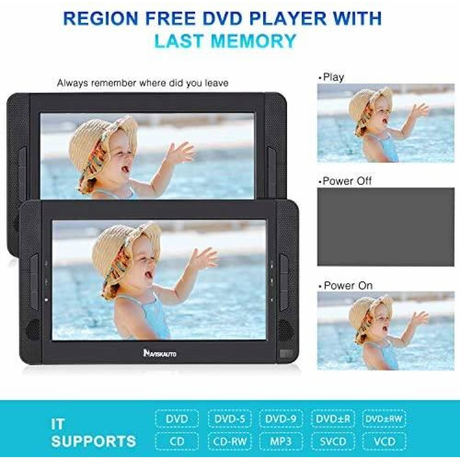 Reproductor DVD NAVISKAUTO Portatil para Automovil -Negro