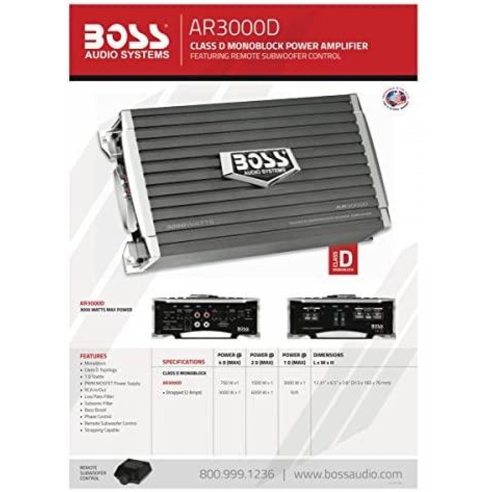 Amplificador Mono BOSS AR3000D 3000 Watts, 1 Ohm -Gris